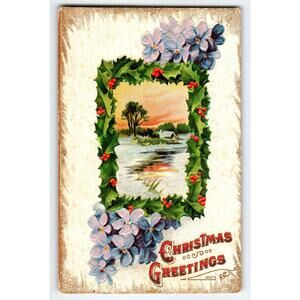 Vintage Christmas Greetings Postcard with Holly & Flowers Scenic Winter